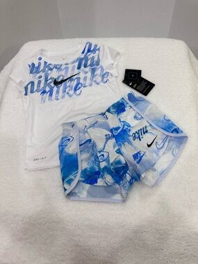 Nike White & Blue Girls' Dri-FIT Tee and Athletic Shorts Set
